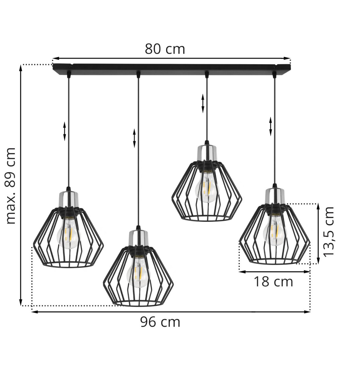 ᐈ Lampa wisząca na szerokiej listwie 80 cm 4 klosze druciane czarne