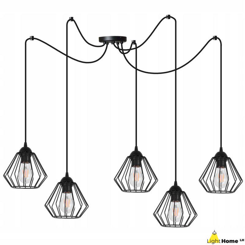 Pomysłowa lampa industrialna z czarnymi kloszami