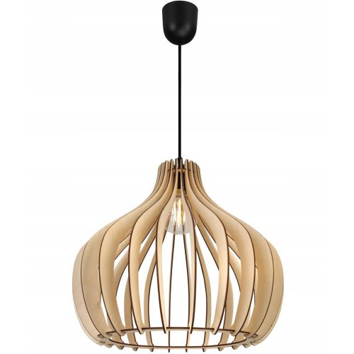 Rustykalna lampa wisząca, drewno, duży klosz, jedna żarówka E27