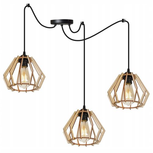 Lampa wisząca typu pająk, TIMBER, 3 drewniane klosze, regulowana, E27
