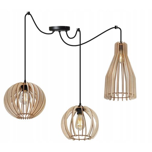 Rustykalna lampa TIMBER, pająk, 3 klosze, mix kształtów, regulacja E27