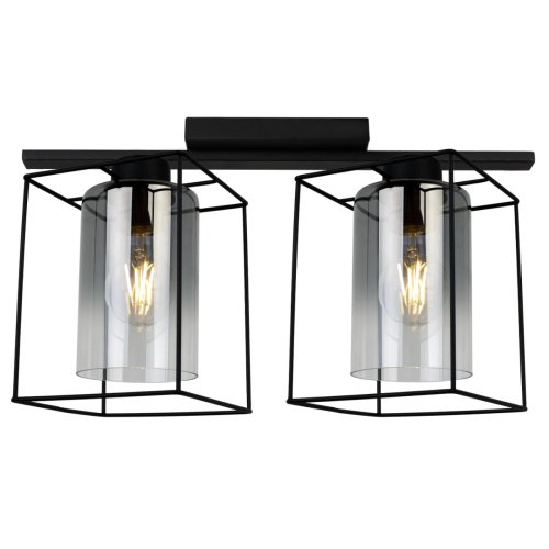 Lampa sufitowa, plafon, 2 szklane przydymione klosze w kolorze grafitowym, czarna konstrukcja i obudowa, E27