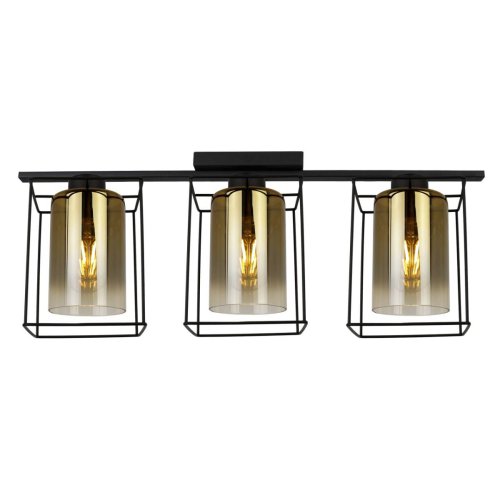 Lampa sufitowa, plafon, 3 szklane przydymione klosze w złotym kolorze, czarna konstrukcja i klatka, E27