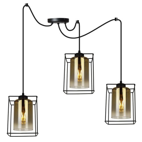 Lampa wisząca, pająk, 3 szklane klosze w kolorze złotym czarna konstrukcja i obudowa kloszy, E27