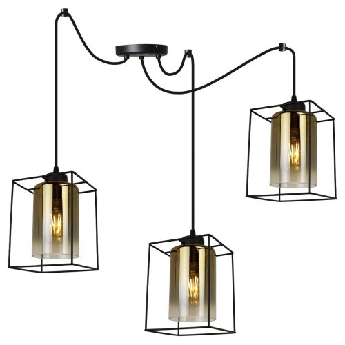 Lampa wisząca, pająk, 3 szklane klosze w kolorze złotym czarna konstrukcja i obudowa kloszy, E27