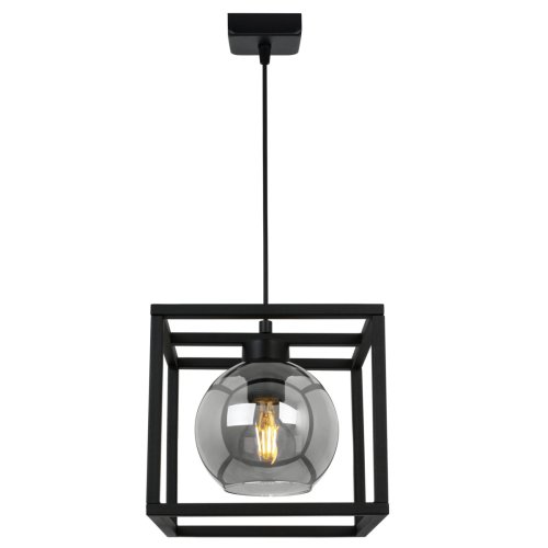 Lampa wisząca HAGA CAGE, szklany klosz kula grafitowy, czarna klatka i konstrukcja, E27