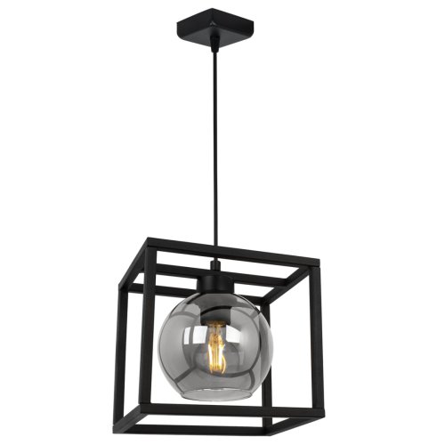 Lampa wisząca HAGA CAGE, szklany klosz kula grafitowy, czarna klatka i konstrukcja, E27