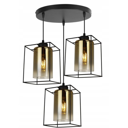 Lampa wisząca, okrągła podsufitka, 3 szklane klosze w złotym kolorze, czarna konstrukcja i klatka, E27
