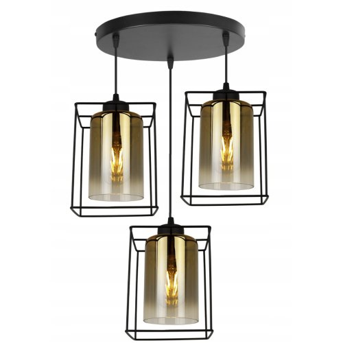 Lampa wisząca, okrągła podsufitka, 3 szklane klosze w złotym kolorze, czarna konstrukcja i klatka, E27
