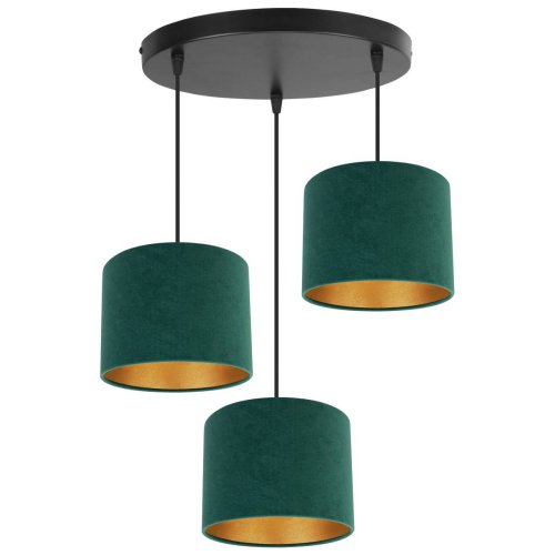 Lampa wisząca z 3 welurowymi abażurami w różnych kolorach na okrągłej podsufitce, złoty środek, E27
