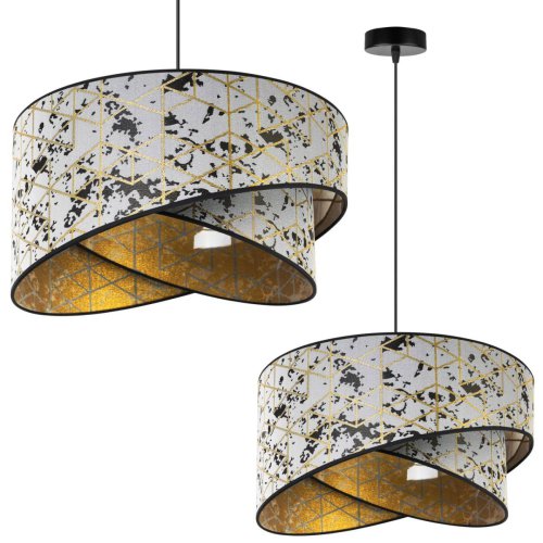 Lampa wisząca, asymetryczny abażur materiałowy 45 cm, jasnoszary ze złotym wzorem geometrycznym, E27