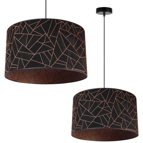 Lampa wisząca, okrągły abażur materiałowy 40 cm, czarny z miedzianym wzorem geometrycznym