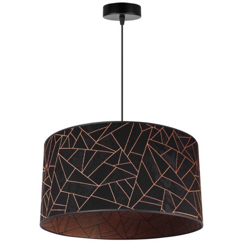 Lampa wisząca, okrągły abażur materiałowy 45 cm, czarny z miedzianym wzorem geometrycznym, E27