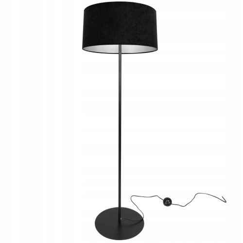 Lampa podłogowa, okrągły abażur welurowy, czarny, srebrne wykończenie, prosta nóżka, E27