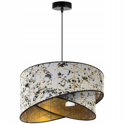 Lampa wisząca, asymetryczny abażur materiałowy 45 cm, jasnoszary ze złotym wzorem geometrycznym, E27