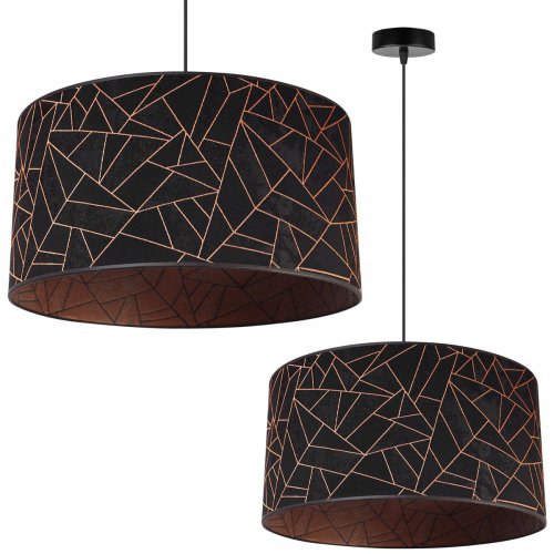 Lampa wisząca, okrągły abażur materiałowy 45 cm, czarny z miedzianym wzorem geometrycznym, E27