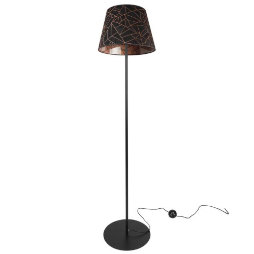Lampa stojąca na prostej nóżce z metalu, stożkowy abażur materiałowy 35 cm, czarny z miedzianym wzorem geometrycznym