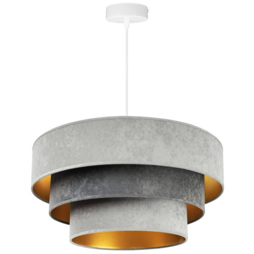 Regulowana lampa wisząca, kaskadowy abażur z weluru 50 cm, kolor szary ze złotym wykończeniem, E27
