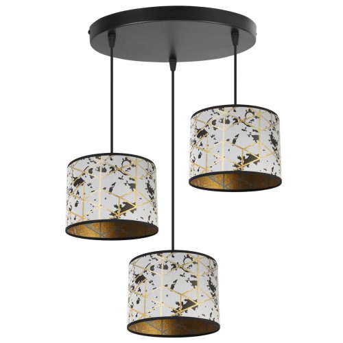Lampa wisząca, 3 materiałowe abażury 20 cm, ze złotym wzorem geometrycznym, okrągła podsufitka, E27
