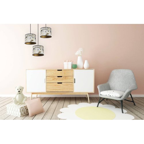 Lampa wisząca, 3 materiałowe abażury 20 cm, ze złotym wzorem geometrycznym, okrągła podsufitka, E27