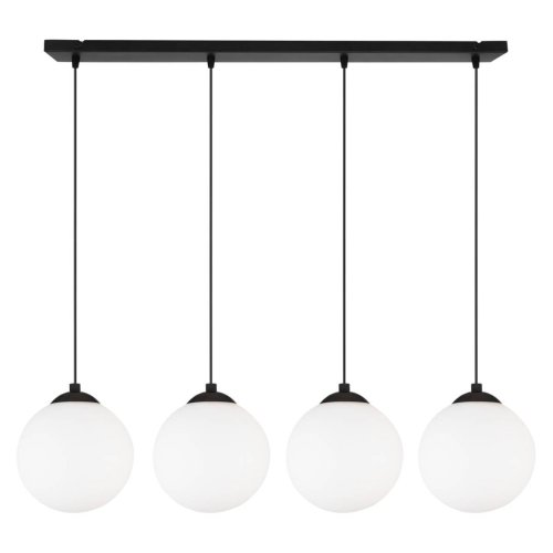 Regulowana lampa wisząca, 4 klosze kule 15 cm, mleczne szkło, prostokątna podsufitka 80 cm, E27