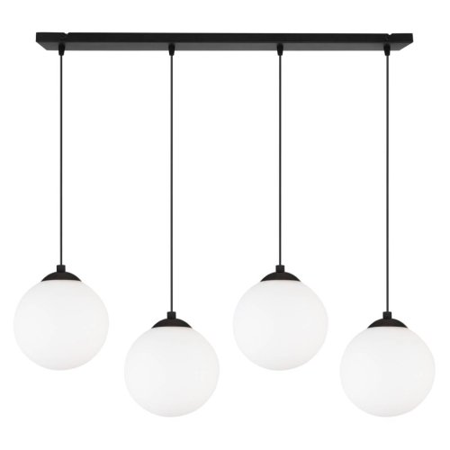 Regulowana lampa wisząca, 4 klosze kule 15 cm, mleczne szkło, prostokątna podsufitka 80 cm, E27