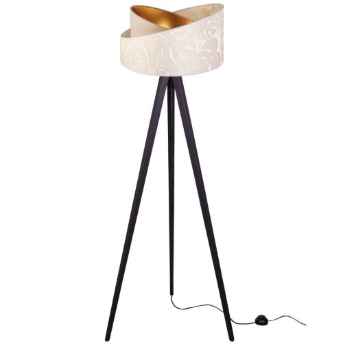 Drewniana lampa podłogowa, abażur ciemny beż, wzór liście, trójnóg czarny, E27