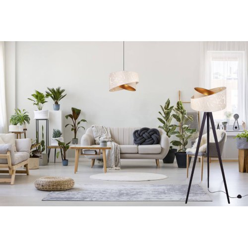 Drewniana lampa podłogowa, abażur ciemny beż, wzór liście, trójnóg czarny, E27