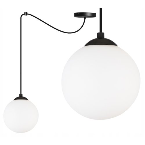Regulowana wisząca lampa sufitowa typu spider biała kula 15 cm, czarna konstrukcja, okrągła podsufitka 12 cm, E27