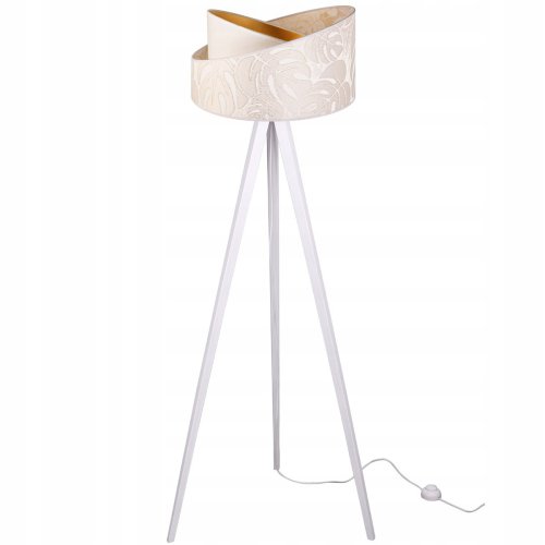 Drewniana lampa podłogowa, abażur jasny beż, wzór liście monstery, trójnóg biały, E27