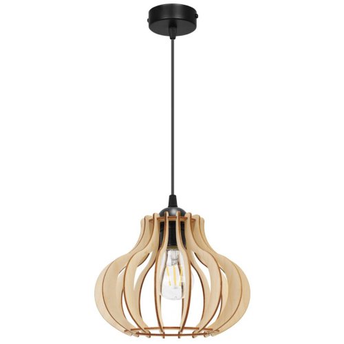 Lampa wisząca z drewnianym ażurowym kloszem 23 cm o oryginalnym kształcie na okrągłej podsufitce 8 cm, E27
