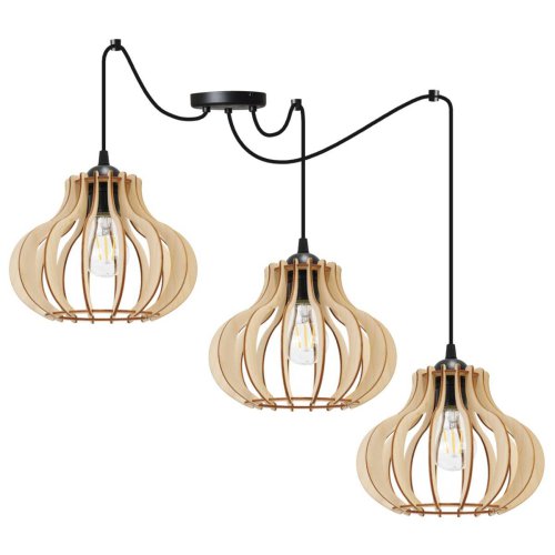 Lampa wisząca typu pająk, 3 drewniane klosze ażurowe o oryginalnym kształcie 23 cm, okrągła podsufitka, E27