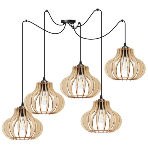 Lampa wisząca typu pająk, 5 drewnianych kloszy ażurowych o oryginalnym kształcie 23 cm, okrągła podsufitka, E27