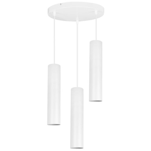 Lampa wisząca na okrągłej podsufitce 30 cm, 3 podłużne wąskie klosze metalowe tuba 6 cm, GU10