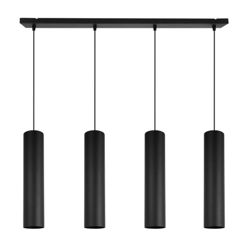 Lampa wisząca na szerokiej prostokątnej listwie 66 cm, 4 czarne podłużne wąskie klosze metalowe tuba 6 cm, GU10