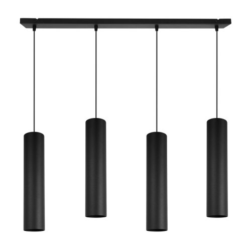 Lampa wisząca na szerokiej prostokątnej listwie 66 cm, 4 czarne podłużne wąskie klosze metalowe tuba 6 cm, GU10