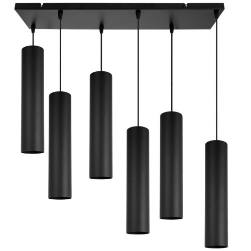 Lampa wisząca na szerokiej prostokątnej listwie 60 cm, 6 podłużnych wąskich czarnych kloszy metalowych tuba 6 cm, GU10