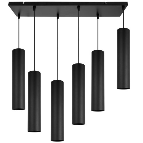 Lampa wisząca na szerokiej prostokątnej listwie 60 cm, 6 podłużnych wąskich czarnych kloszy metalowych tuba 6 cm, GU10