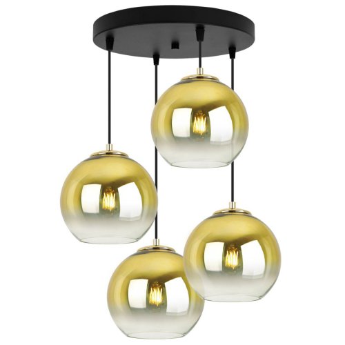 Lampa wisząca na okrągłej podsufitce 30 cm, 4 klosze szklane złote kule 20 cm, E27