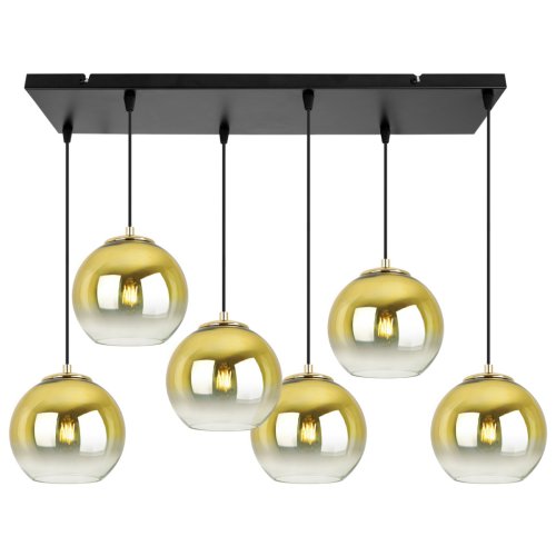 Lampa wisząca na szerokiej prostokątnej listwie 60 cm, 6 złotych kloszy szklane kule 15 cm, E27