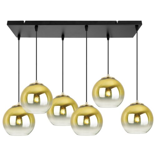 Lampa wisząca na szerokiej prostokątnej listwie 60 cm, 6 złotych kloszy szklane kule 15 cm, E27