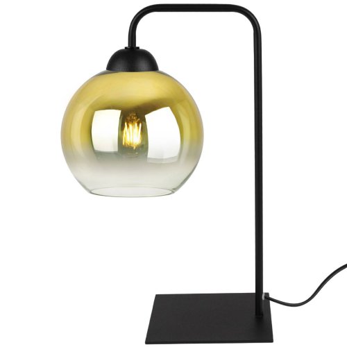 Lampa stołowa z czarnym, metalowym stelażem i złotym kloszem ze szkła w kształcie kuli 15 cm, E27