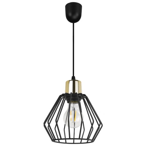 Lampa wisząca zwis, druciany czarny klosz metalowy 18 cm ze złotym wykończeniem, podsufitka 6 cm, E27