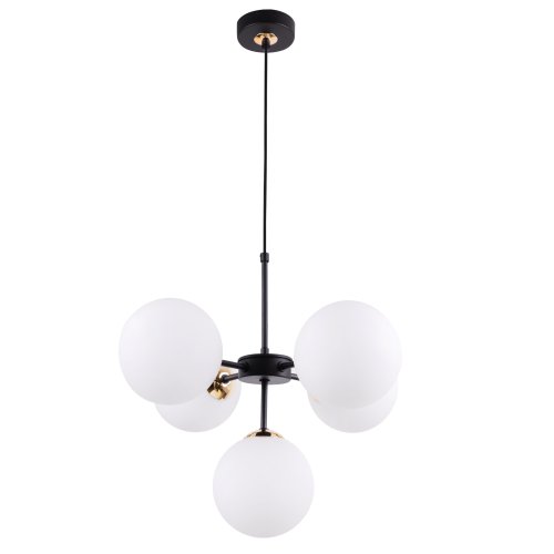 Lampa wisząca czarna metalowa konstrukcja, 5 kloszy kule z mlecznego szkła, 15 cm, złote wykończenie, E14