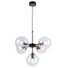 Lampa wisząca czarna metalowa konstrukcja, 5 kloszy kule z bezbarwnego szkła, 15 cm, złote wykończenie, E14