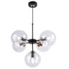 Lampa wisząca czarna metalowa konstrukcja, 5 kloszy kule z bezbarwnego szkła, 15 cm, złote wykończenie, E14