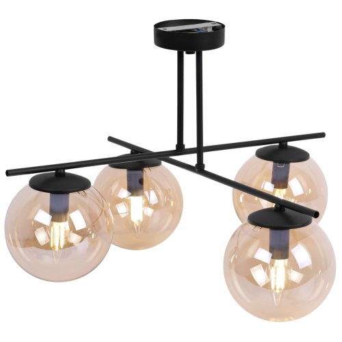 Lampa sufitowa ze skrzyżowanymi ramionami 4 miodowe klosze 15 cm, czarne wykończenie, E14