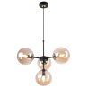Lampa wisząca czarna metalowa konstrukcja, 4 klosze kule z miodowego szkła,15 cm, złote wykończenie E14