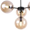 Lampa wisząca czarna metalowa konstrukcja, 4 klosze kule z miodowego szkła,15 cm, złote wykończenie E14