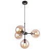 Lampa wisząca czarna metalowa konstrukcja, 4 klosze kule z miodowego szkła,15 cm, złote wykończenie E14